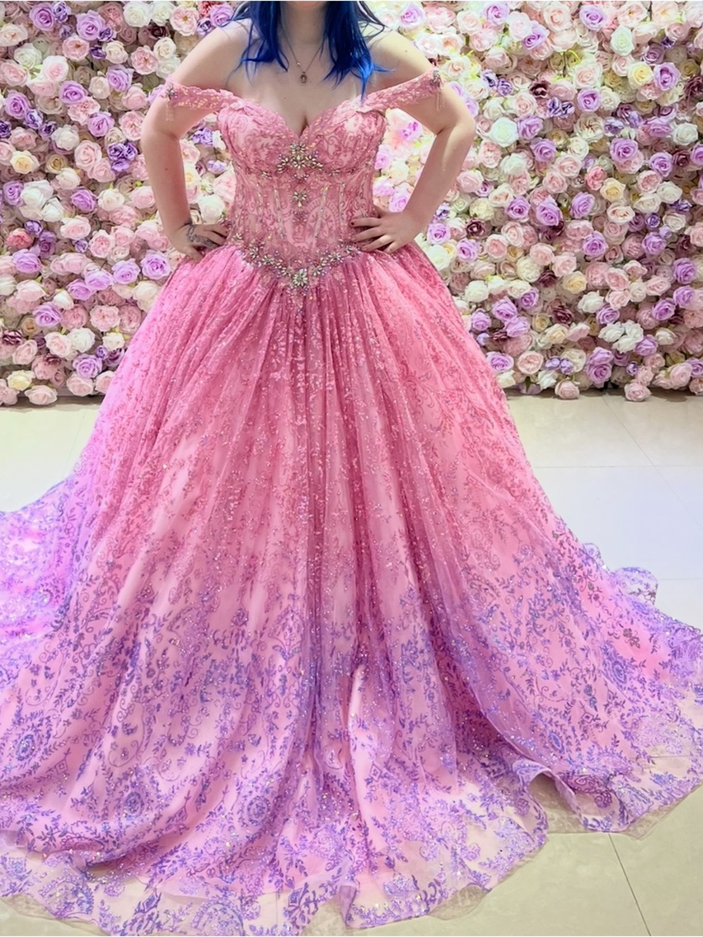 Rachel Allan Pink and Lavender Off-Shoulder Beaded Ball Gown